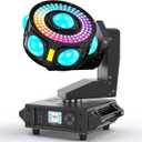 DJ Moving Head Light,XYZ 3-Axis Infinite Rotating 7 LED Beams Stage Lighting with 108x0.2W Colorful Circle,Starry,Amber Strobe Effect,Sound Activate DMX512 19/25CH for Disco Party Wedding Live House (Black)