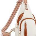 Missnine PU Leather Sling Bag for Women Quilted Chest Crossbody Trendy Travel Bag for Hiking Cycling with Tassel (Beige & Brown)