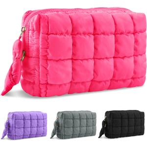 Puffer Quilted Makeup Bag Cosmetic Bags,Puffy Travel Toiletry Pouch for Women,Cute Checkered Zipper Bag Travel Essential,Portable Aesthetic Make up Organizer Bag for Gifts Work Daily(RoseRed,M)