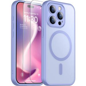 SPIDERCASE Designed for iPhone 15 Pro Case, Magnetic with [2 Tempered Glass Screen Protector] [Full Camera Protection] Anti-Fingerprint Anti-Scratch Cell Phone Case, Light Purple