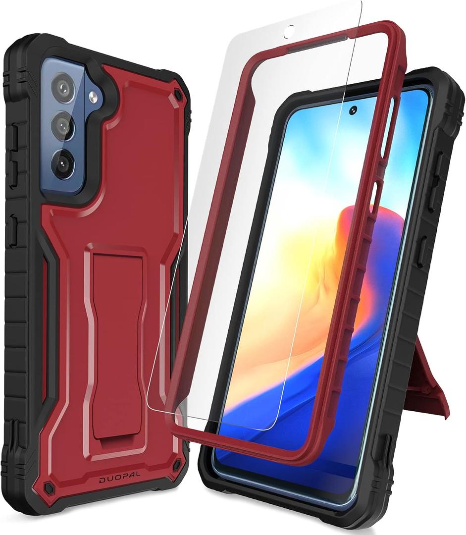 DUOPAL for Samsung Galaxy S21 FE 5G Case, Military Grade Protection Shockproof Case with Tempered Glass HD Screen Protector and Kickstand Compatible with Samsung S21 FE Phone 6.4 5G Inch (Red)