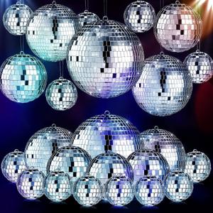 MTLEE 20 Pcs Disco Balls Decoration Mirror Disco Ball Assorted Silver Mini Glass Different Sizes Reflective with Rope for 70s Wedding Dance Music(6, 4, 3. 2, 2 Inch)