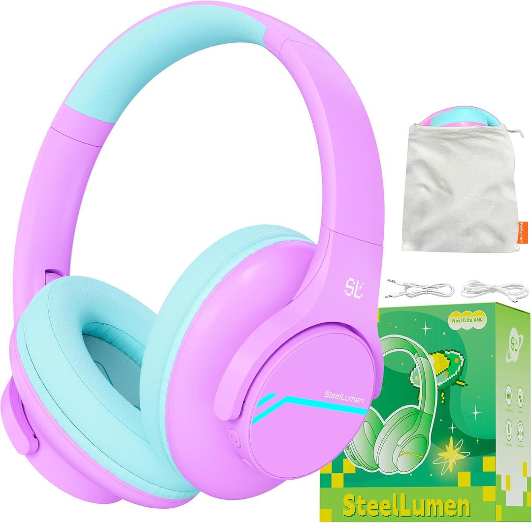 Steellumen Nova1Lite Kids Wireless Active Noise Cancelling Headphones, Bluetooth 5.3, Safe Volume 74/85/94dB, Real 40H Battery, Type-C Fast Charging, boy Girl Built-in Mic for School Travel Airplane (Purple)