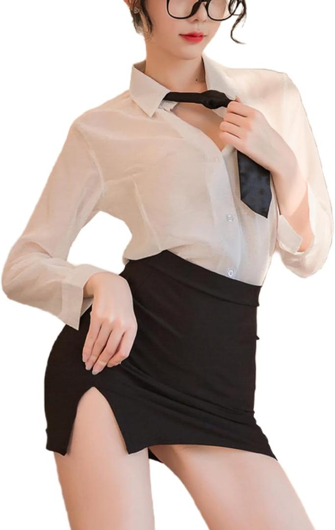 BIGFOX Women's Sexy Secretary Lingerie, OL Uniform Shirt and Bodycon Hip Skirt Teacher Cosplay Outfit Set for Nightclub, Rave, One Size