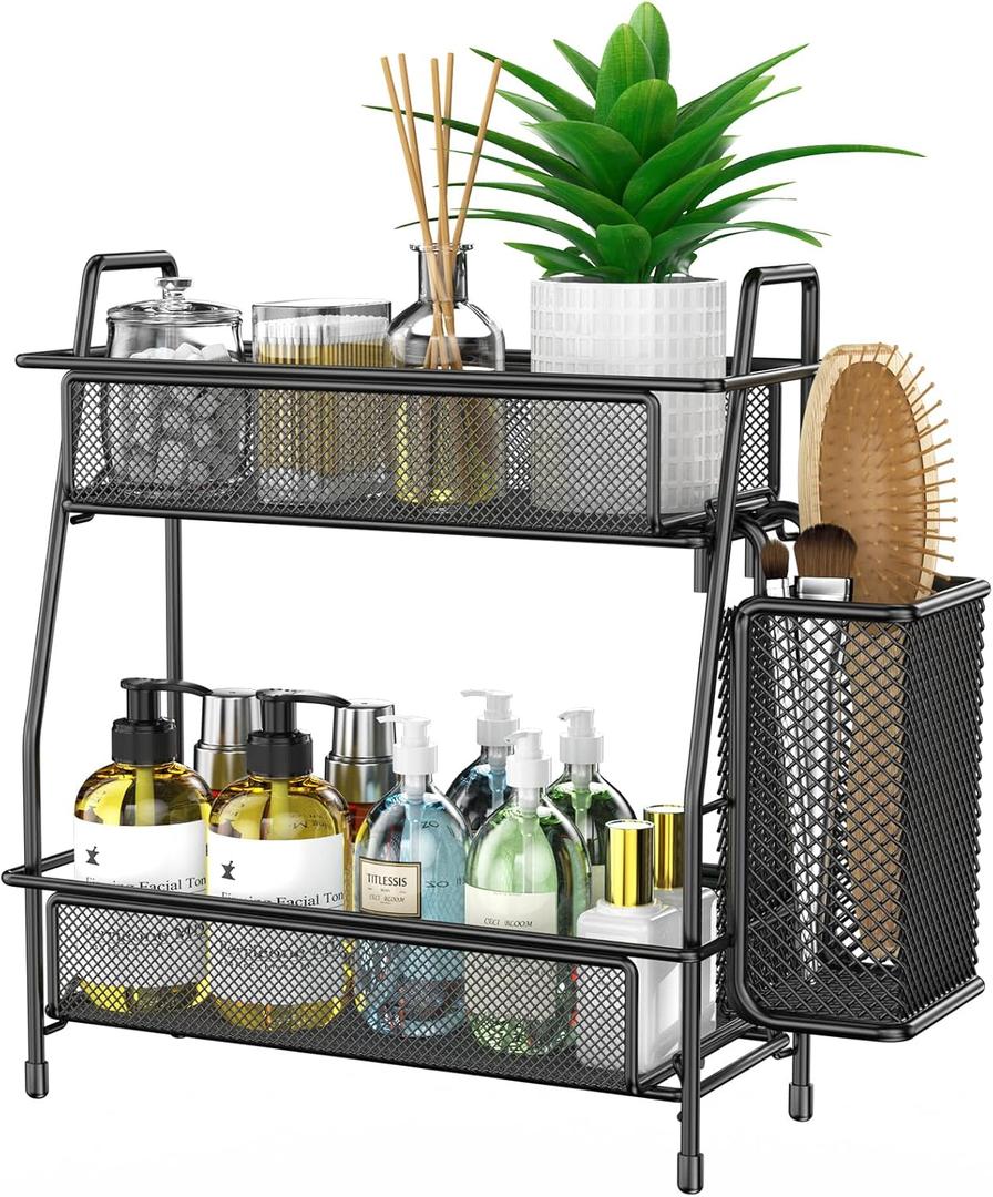 Bathroom Organizer with Basket, 2-Tier Bathroom Tray for Countertop Storage Shelf, Bathroom Counter Organizer, Vanity Organizer and Storage Kitchen Counter Organizers Spice Rack (Black)