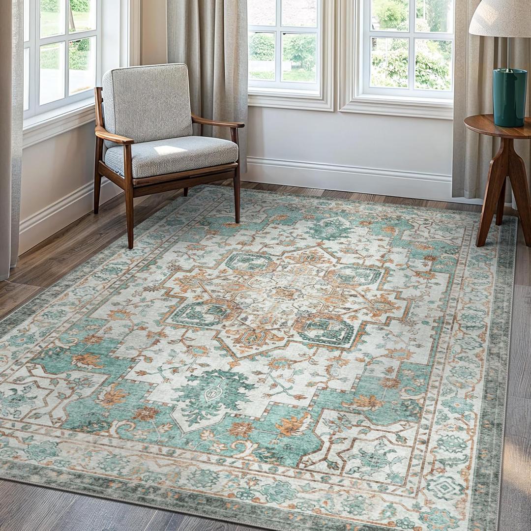 GENIMO 8x10 Area Rugs for Living Room, Machine Washable Non Slip Vintage Rugs, Low Pile Lightweight Chenille Print Rug for Bedroom, Dining Room, Home Office, Cyan