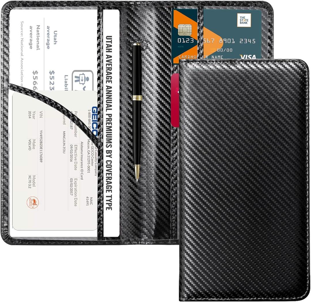 CoBak Car Registration and Insurance Holder - Vehicle Glove Box Car Organizer,Auto Truck Comparment Accessories Case with Magnetic Closure for Driver License,Cards (L-Fiber Black)