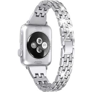 Secbolt Bling Bands Compatible with Apple Watch Band 38mm 40mm 41mm 42mm 44mm 45mm 46mm 49mm Women iWatch SE Series 11 10 9 8 7 6 5 4 3 2 1, Dressy Jewelry Metal Wristband Strap Diamond Rhinestone (Silver)