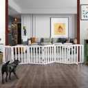 ZJSF Folding Freestanding Indoor Pet Gate for House, Wood, White Dog and Puppy Gates, Stair and Hallway Use, 24" Height-6 Panels, Support Feet Included (6 Panels120W x 24''H)