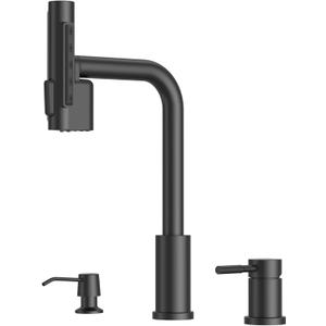 3 Hole Kitchen Faucet with Pull Down Sprayer 5 Modes, Black Kitchen Faucet with Soap Dispenser, Matte Black Kitchen Sink Faucet, Stainless Steel Waterfall Kitchen Faucets 3 Hole (B: Matte Black)