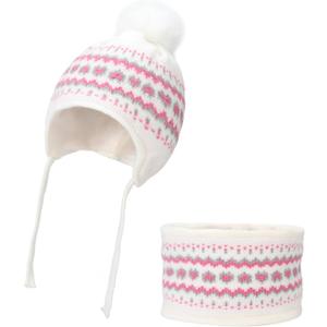 Kids Winter Hat Scarf Set for Girls Boys, Toddler Knit Beanie Hat & Neck Warmer Sets with Warm Fleece Lined Pom (White)