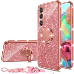 nancheng for Samsung Galaxy S24 Case, Phone Case for Galaxy S25 Girls Women Cute Glitter Luxury Soft Silicone Clear Cover with Ring Stand Strap Lanyard Shockproof Protection Case - Rose Gold