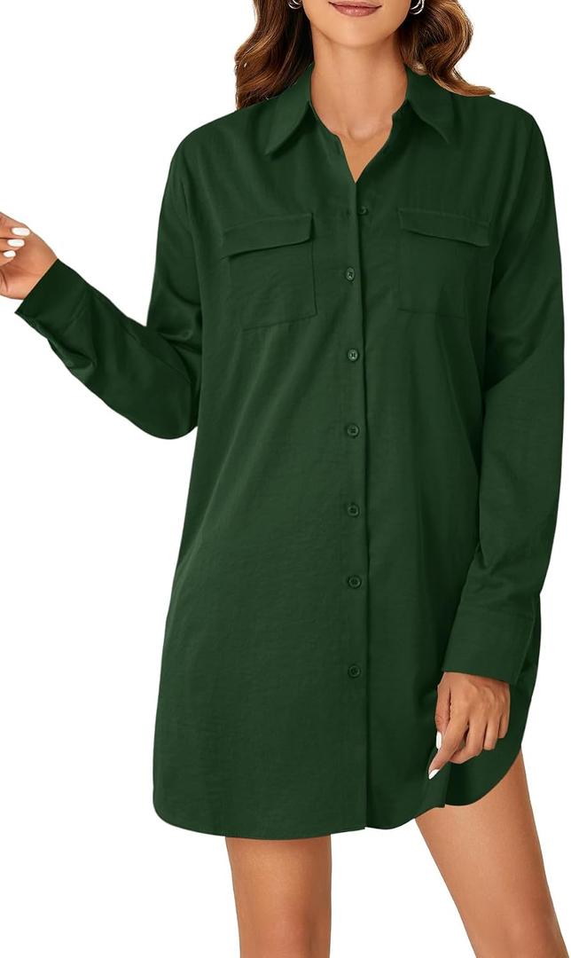LYANER Women's Casual Button Down Shirt Dress Collared V Neck Long Sleeve Mini Dresses (Green, XXL)