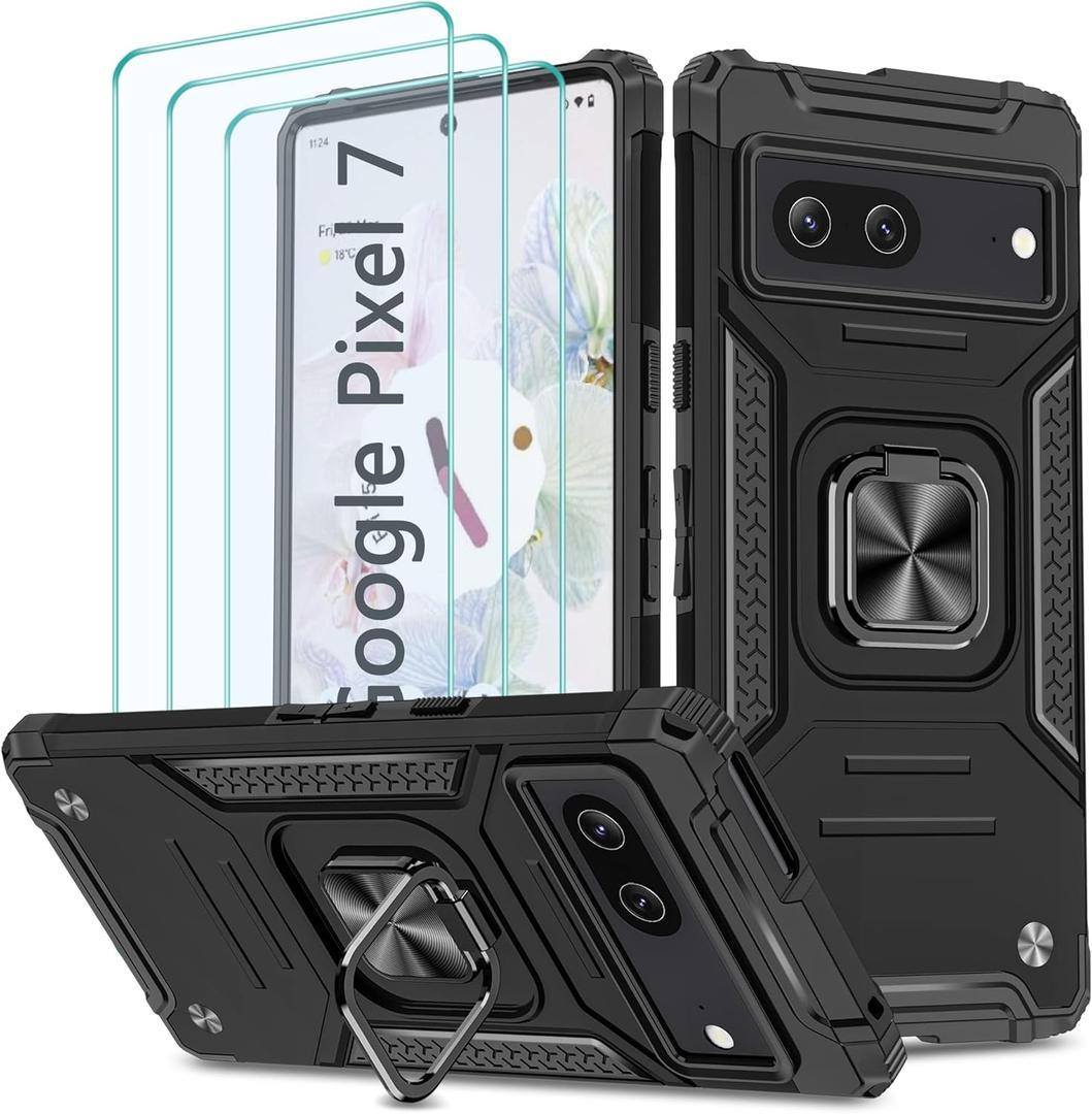 for Google Pixel 7 Case, Case for Google Pixel 7 with 3 Pcs Tempered Glass Screen Protector, Built in Magnetic Ring Kickstand Military-Grade Hard PC TPU Hybrid Shockproof Aromr Cover - Black