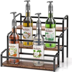 Coffee Syrup Organizer 3-Tier: Vintage Coffee Syrup Rack 12 Bottles Capacity, Free-Installation Coffee Station, Wine Rack for Countertop, Tiered Spice Racks for Cabinet, Bottle Display Shelf (Black)