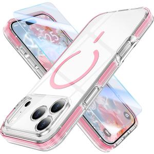 MILPROX Compatible with iPhone 17 Pro Max Case 6.9 inch - Compatible with MagSafe - Magnetic Clear Trasparent Design - Non Yellowing Anti Slip - All PC Phone Cover - with Screen Protector - Pink