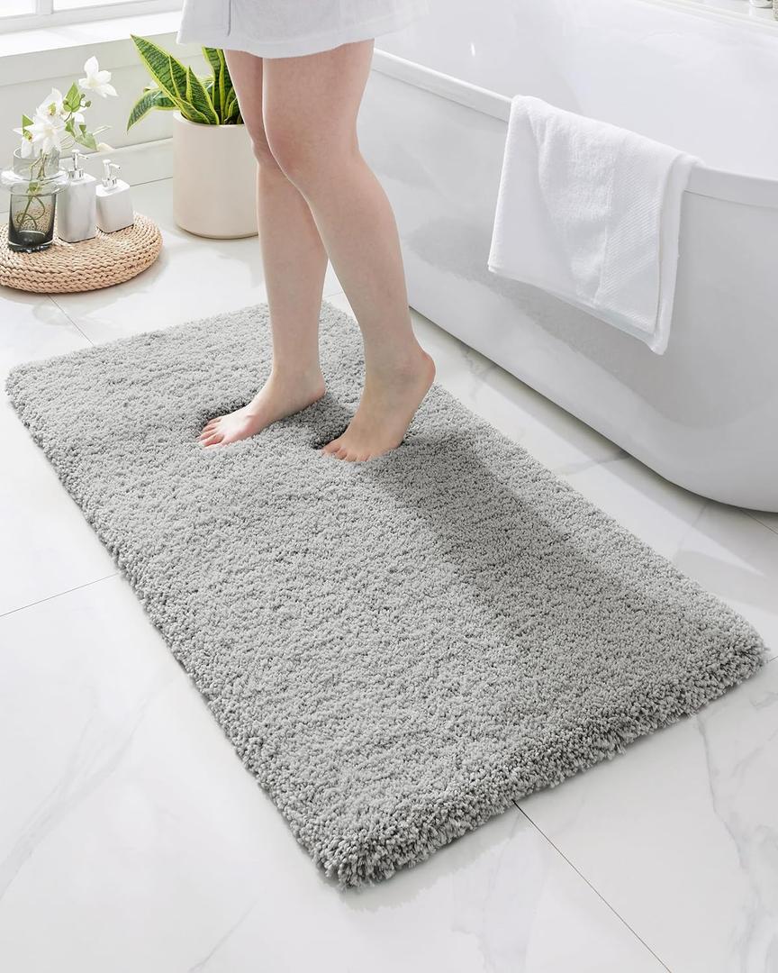 Gray Bathroom Rug 24x48 Non Slip Fluffy Bath Mat for Bathroom Floor Washable Plush Luxury Bath Rug for Tub Soft Shaggy Absorbent Shower Sink Mat (Grey)