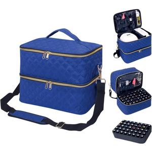 Nail Polish Organizer Case Holds 40 Bottles(15ml/0.5fl.oz) and Nail Lamp, Double Layer Nail Polish Storage with Adjustable Dividers,Portable Carrying Bag for Nail Kit, Manicure Tools Blue