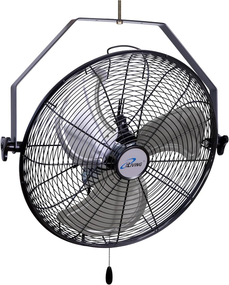 iLiving 18 Inch Wall Mount Fan, 4550 CFM High Velocity Metal Fan with 3 Speeds, Sealed Motor & 360° Tilt, Heavy Duty Wall/Ceiling Mount Fan for Garage, Warehouse, Barn, Greenhouse, Workshop