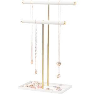 2 Tier Necklace Bracelet Holder Stand, Multi-Use Jewelry Display Organizer with Metal Tray, Velvet T-Bar Metal Necklace Organizer Stand, Jewelry Hanger Tower Rack for Men Women (Gold 15" Tall)