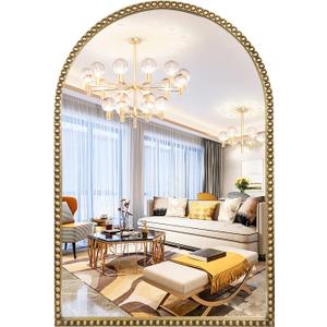 Arched Wall Mirror for Bathroom, 20"x30" Metal Beaded Frame Decorative Accent Mirror, Large Modern Distressed Hanging Wall Decor for Washroom, Bedroom, Living Room, Entryway, Antique Gold