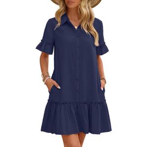 MEROKEETY Women's 2026 Summer Casual Shirt Dress Button Down Ruffle Sleeve Shift Mini Dresses with Pockets (Medium, Navy)