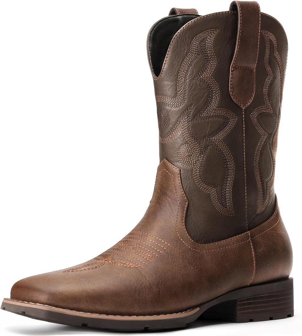 Cowboy Boots For Men - Western Boot Men's Cowboy Boots With Square Toe | Cowboy Western Boot | Pull-on Boots| Old West Style Embroidered (9, Brown)