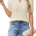 Cakulo Womens Fuzzy Cropped Short Sleeve V Neck Fall Sweaters 2025 Polo Collared Knit Pullover Sweater (Beige, XL)