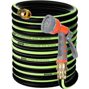 SYEENIFY Kink Free Garden Hose 100ft 5/8", Heavy Duty Hybrid Water Hose, Ultra Durable Flexible Rubber Hose with Sprayer Nozzle,Leakproof Yard Outdoor Hose with Brass Solid Connector