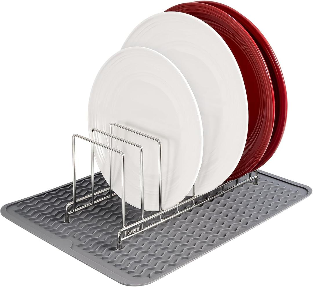 flowerhill 304 Stainless Steel Small Dish Drying Rack, Cutting Board Organizer with Mat for Pot lids, Baking Sheets, Plates, Trays