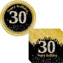 Happy 30th Birthday Plates and Napkins Party Supplies, 16pcs Plates and 20pcs Napkins 30th Birthday Party Tableware Decorations for Women Black and Gold