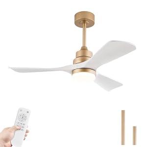 OMYU 42 Inch White and Gold Ceiling Fans with Lights, ABS Blades, Noiseless Reversible DC Motor, 6 Speeds and 3 Color Temperatures, White Ceiling Fan with Remote Control for Bedroom Living Room Office