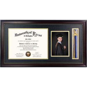 GraduationMall 11x22 Mahogany Diploma Frame with Tassel Holder and Picture for 8.5x11 Certificate 5x7 Photo,Real Glass,Black over Gold Mat