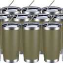 MEWAY 20oz Tumbler 12 Pack Double Wall Vacuum Insulated Travel Mug Bulk, Stainless Steel Tumblers with Lid and Straw, Durable Powder Coated Coffee Cups for Cold & Hot Drinks (Army Green, 12)