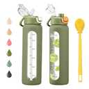 chunmo 32 oz Glass Water Bottles with 2 Lids-Handle Spout Lid & Straw Lid, 1 Liter Motivational Borosilicate Water Bottle with Time Marker and Silicone Sleeve,Leakproof-Army Green-1 Pack