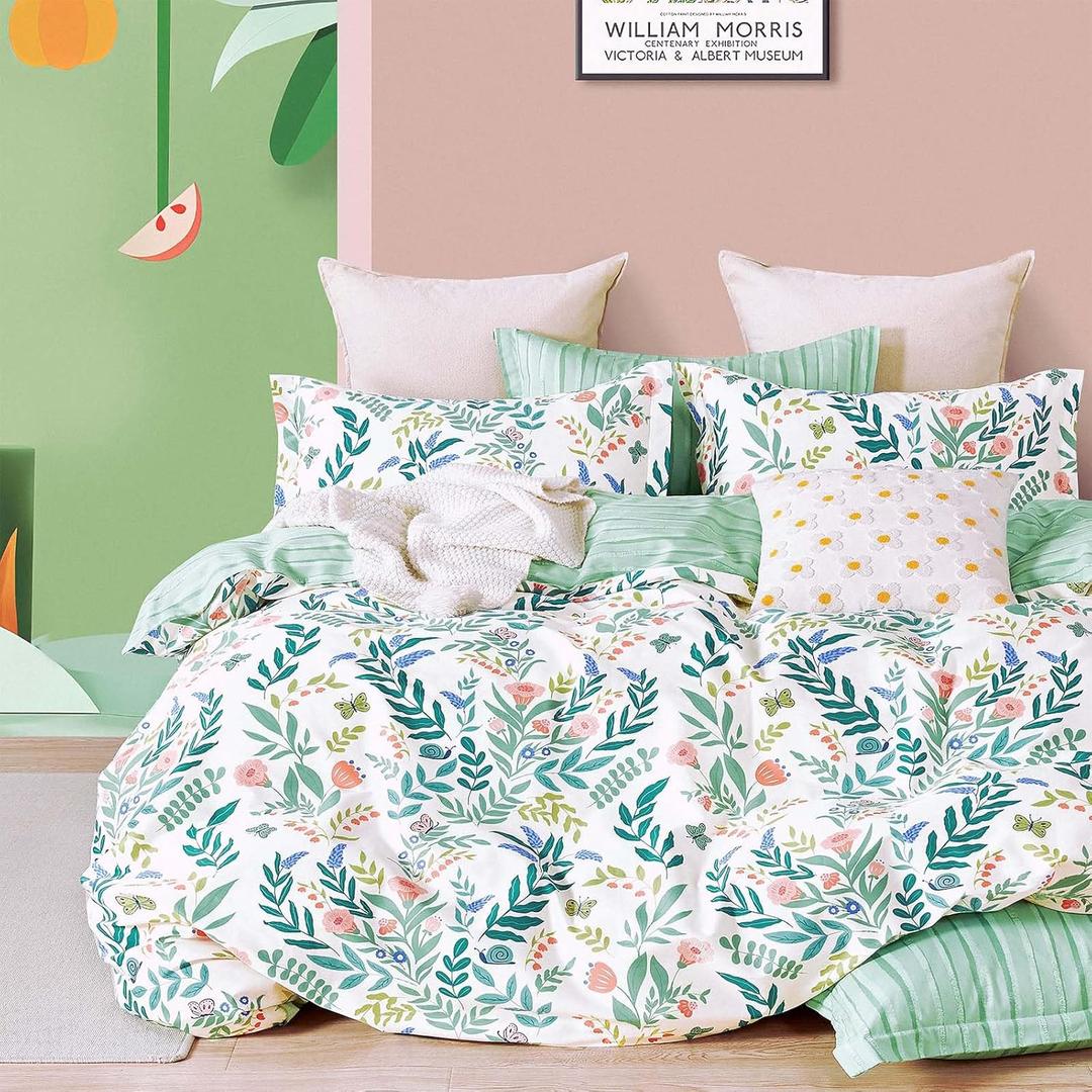 Botanical Cotton Comforter Twin Size 2Pcs - Cute Garden Floral Design with Green Leaves & Coral and Pink Flowers,Sage Striped Reverse,Lightweight Reversible Bedding Sets(Twin,68"90")