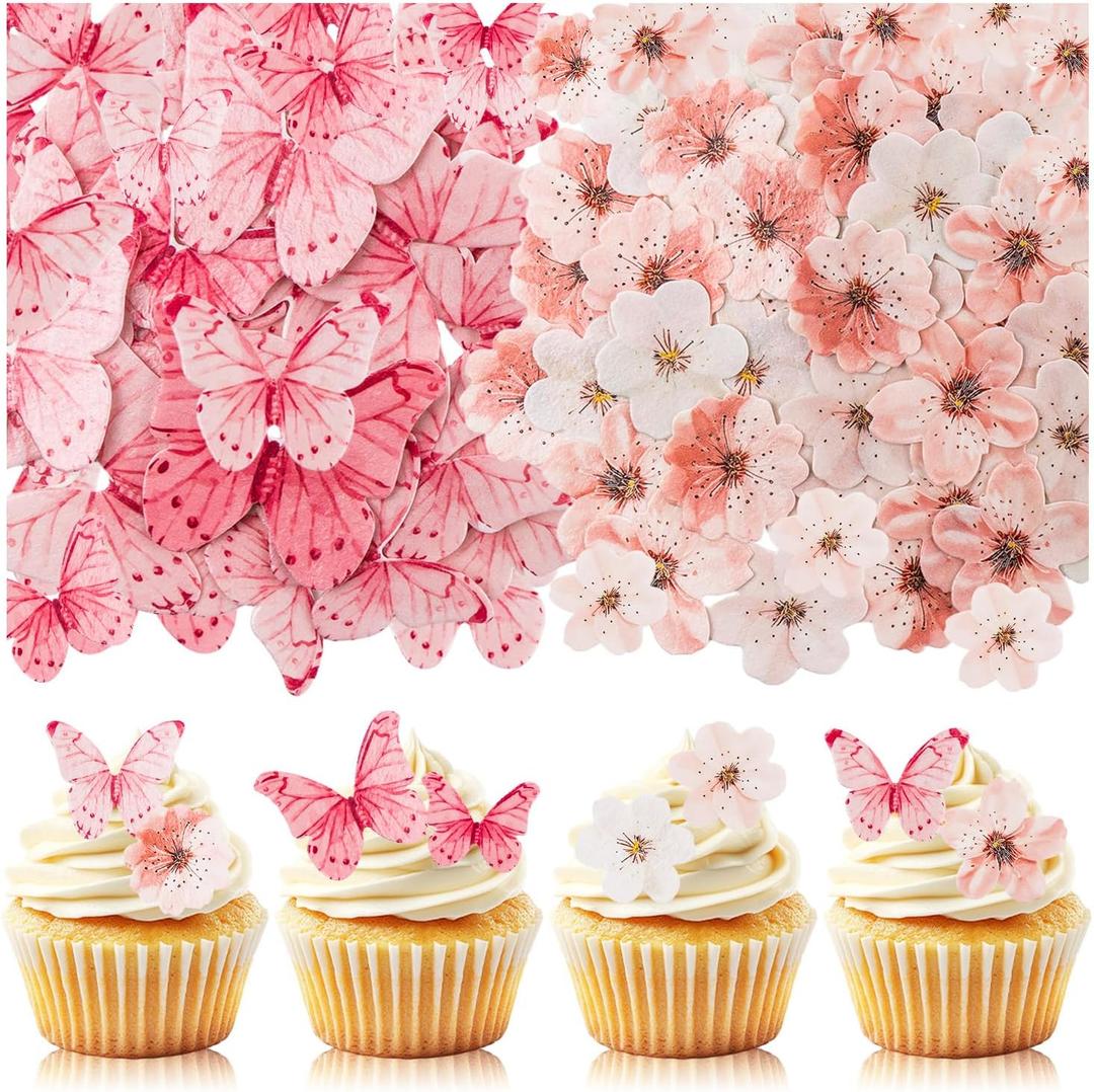 90PCS Artificial Flowers Butterfly Cupcake Toppers, Cherry Blossom Cake Topper Wafer Paper Butterfly Flower for Baby Shower Wedding Birthday Party Cake Food Decorations Supplie