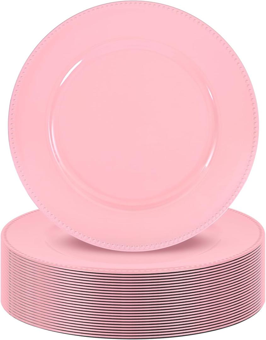24 Pack Charger Plates 13" Plastic Round Charger Plates Dinner Plate With Beaded for Wedding Table Dinner Kitchen Catering Event Party Decoration (Pink)