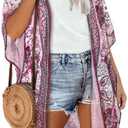 Women's Kimono Beach Cover up for Summer Bathing Suits Cardigans Casual Loose Swimwear (Large, Purple Paisley Print)