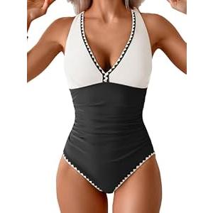 B2prity One Piece Swimsuit for Women Tummy Control Ruched Bathing Suit Push Up Tie Back Swimwear Shell Stitched (L,  Black, White Splicing)