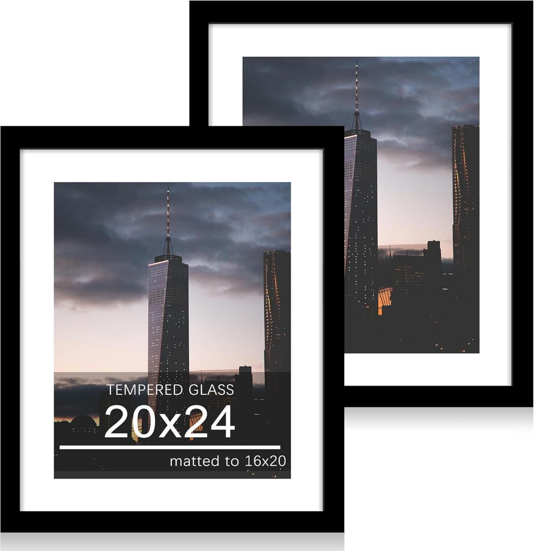 20x24 Picture Frame Set of 2, 20 x 24 Wood Poster Frames with Mat for 16x20, Wooden Photo Frames with Tempered Glass Cover for Wall Display,Black