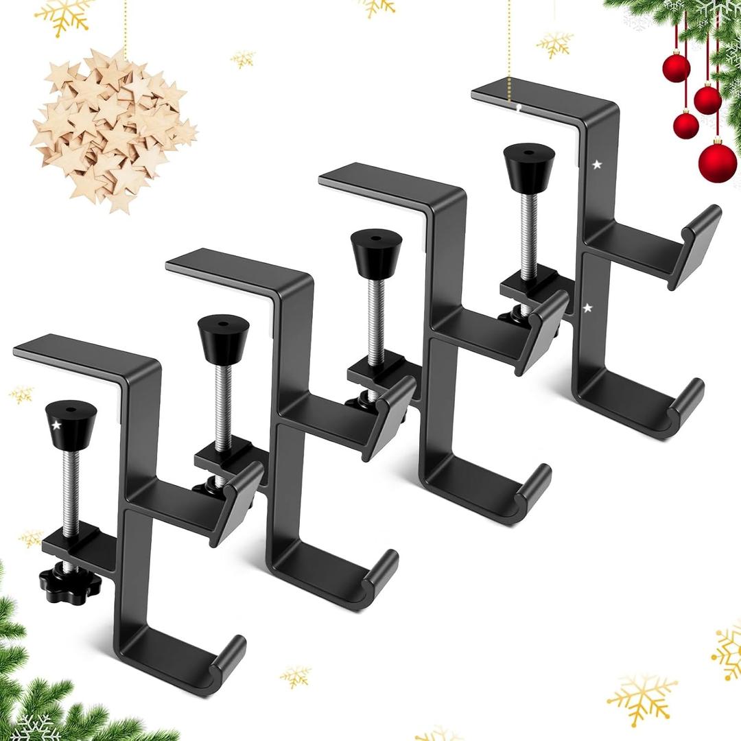 4-Pack Christmas Mantel Stocking and Wreath Hangers, 2 in 1 Mantel Wreath Holder for Hanging Christmas Stockings, No Drilling Required, Adjustable Thickness Wreath and Stocking Holder, Metal (Gray)