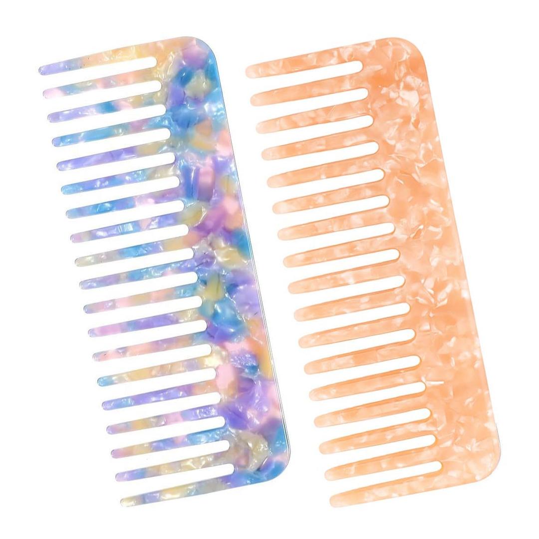 2 Pack Acetate Wide Tooth Combs for Women, Tortoise Shell Detangling Without Handle, Lightweight Styling Combs for Thick Curly Wet or Dry Hair, Travel-Friendly French Design (Blue & Pink)