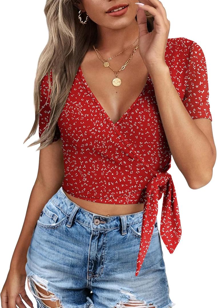 Crop Tops for Women Summer Cute Tops with Deep V Neck Shirts Sexy Unique Cross Wrap Slim Fit Tie Up Front Short Sleeve (Medium, 204-red Floral)