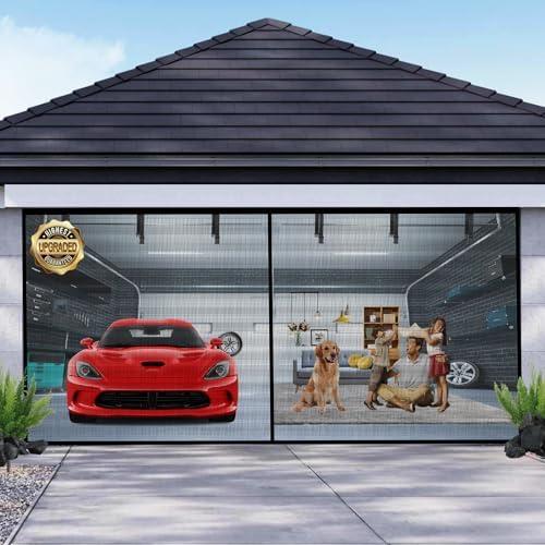 Garage Door Screen for 2 Car Garage 16x8FT, Magnetic Screen Garage with Retractable Fiberglass Mesh and Heavy Duty Weighted Bottom, Easy Assembly & Pass, Hands Free Screen Door Kit