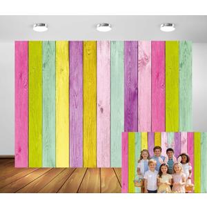 XCKALI Colorful Wood Photography Background Colorful Rustic Wooden Texture Easter Backdrop Party Decor Photo Props (8x6ft)
