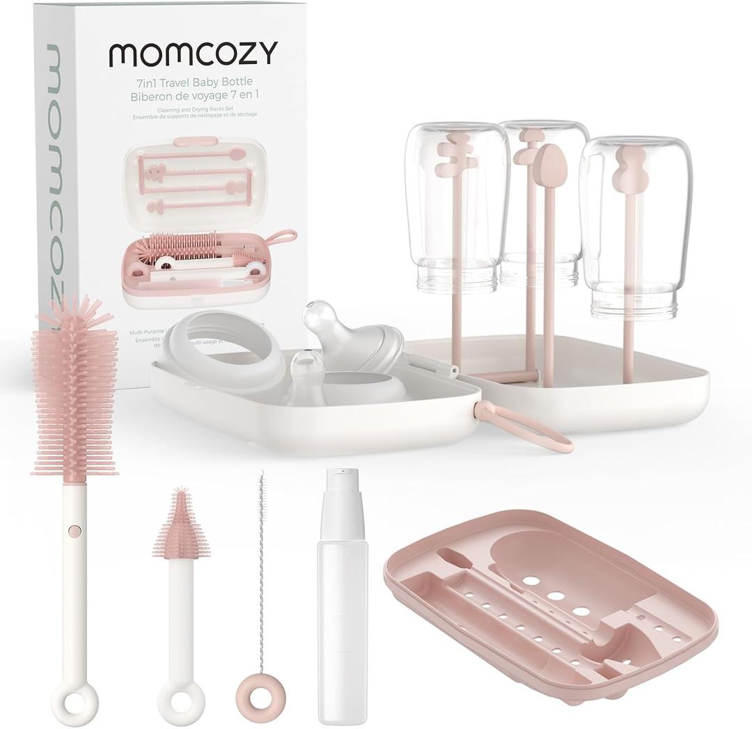 Momcozy 7-in-1 Baby Bottle Cleaner Kit with Silicone, Nipple & Straw Brushes, Soap Dispenser and Drying Rack - Portable Cleaning Tool for Home and Travel, Pink (Classic Style)
