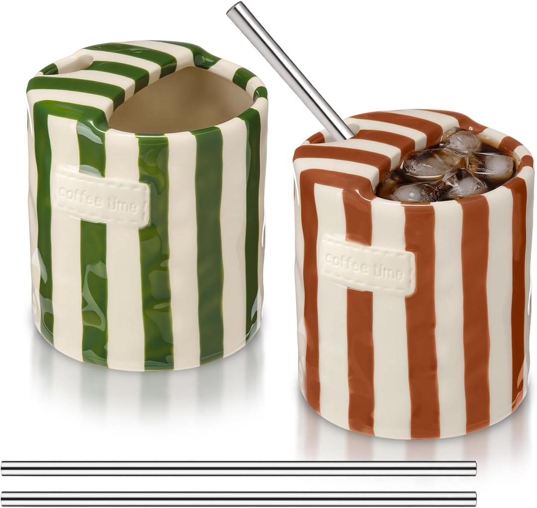 2 Pack Ceramic Coffee Mug with Sip Hole Espresso Cup 10oz with Straws Retro Hand Painted Striped Porcelain Coffee Tea Cup Cappuccino Latte Mug for Kitchen Dining Travel (Green,Brown)