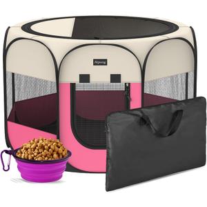 Portable Pet Playpen, 8-Panel Indoor/Outdoor Puppy Pen with Shade Cover & Travel Bag - Waterproof Dog Cat Tent Includes Collapsible Bowl Large (pink, 45"x45"x24")