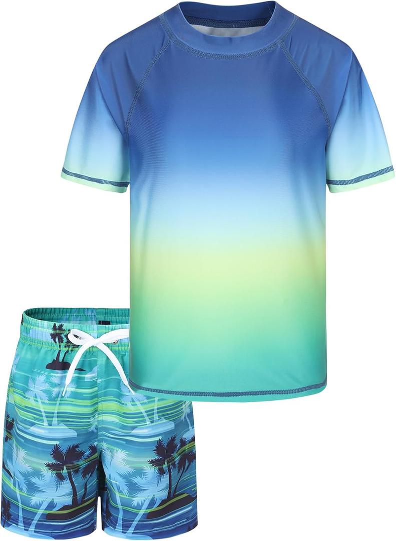 Boys Rash Guard Swimsuits Set for Boys Short Sleeve Swim Shirts with Trunks 2 Piece Quick Dry Swim Set (3-4T, Navy Green Palm), 11/12